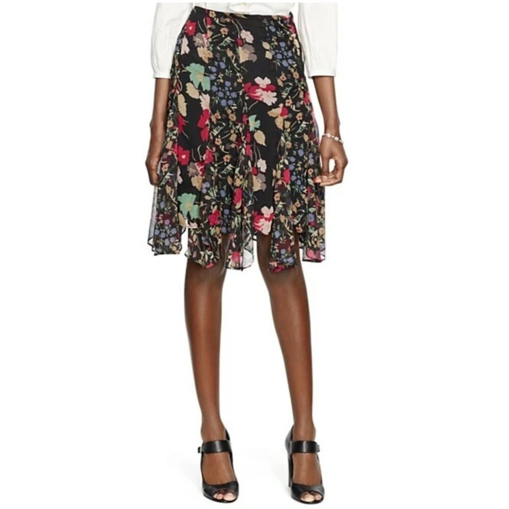 Lauren Ralph Lauren Floral Print Chiffon Godet Skirt Sz 12 Black Romantic Fairy